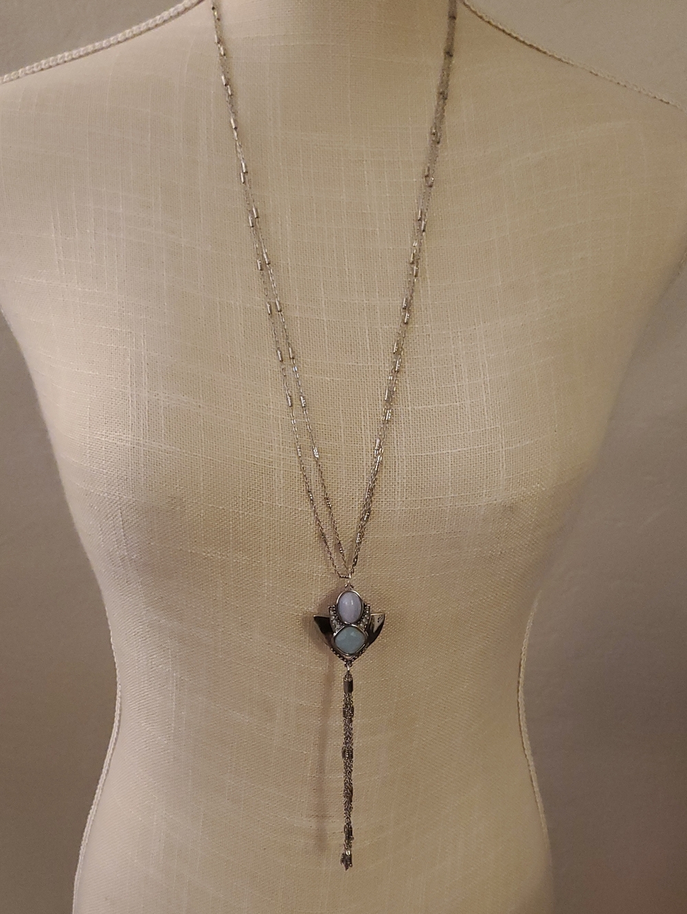 White House Black Market Silver Tone Pendant Necklace Light Blue Glass Cabochons
